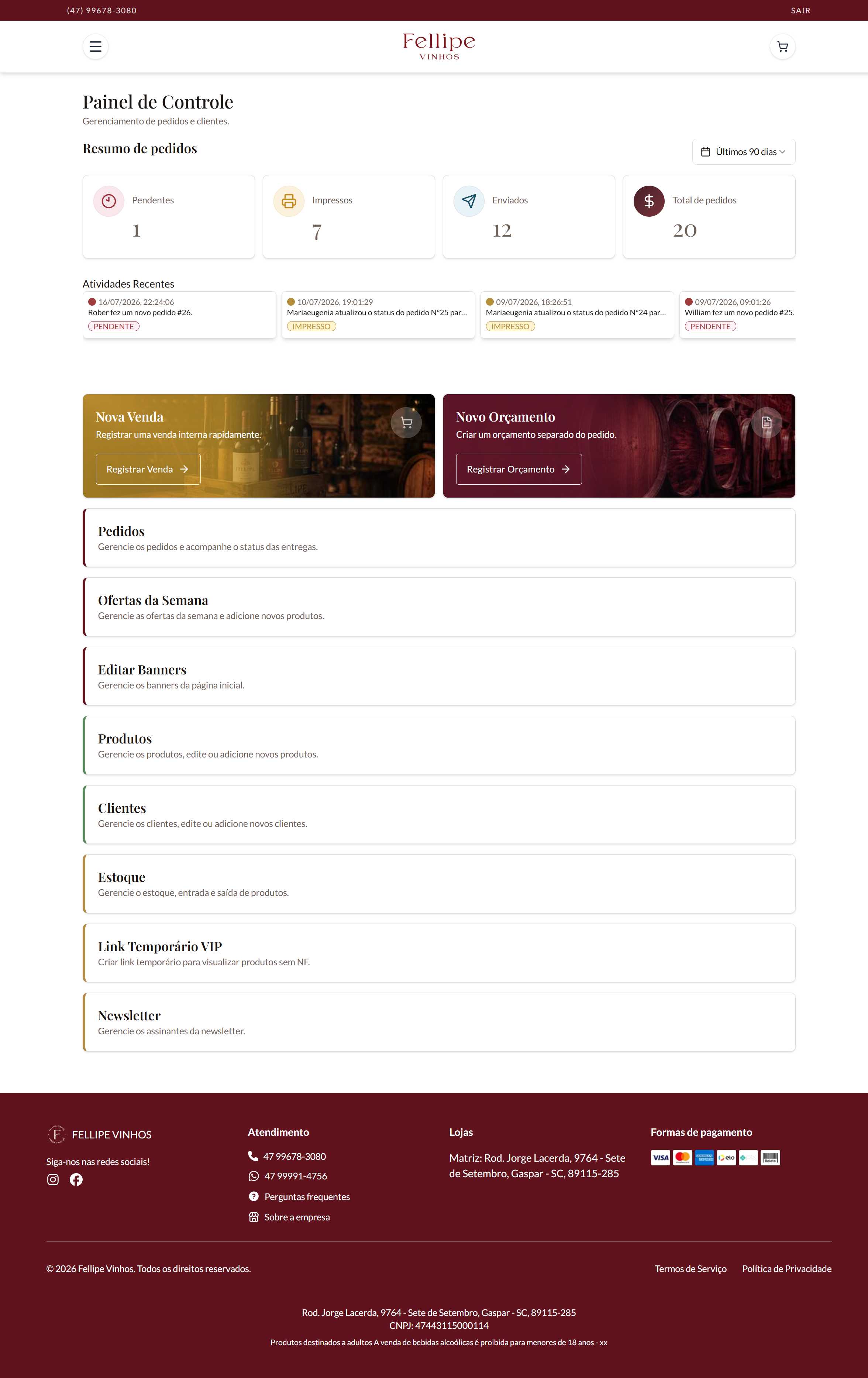 Fellipe Vinhos desktop dashboard screenshot
